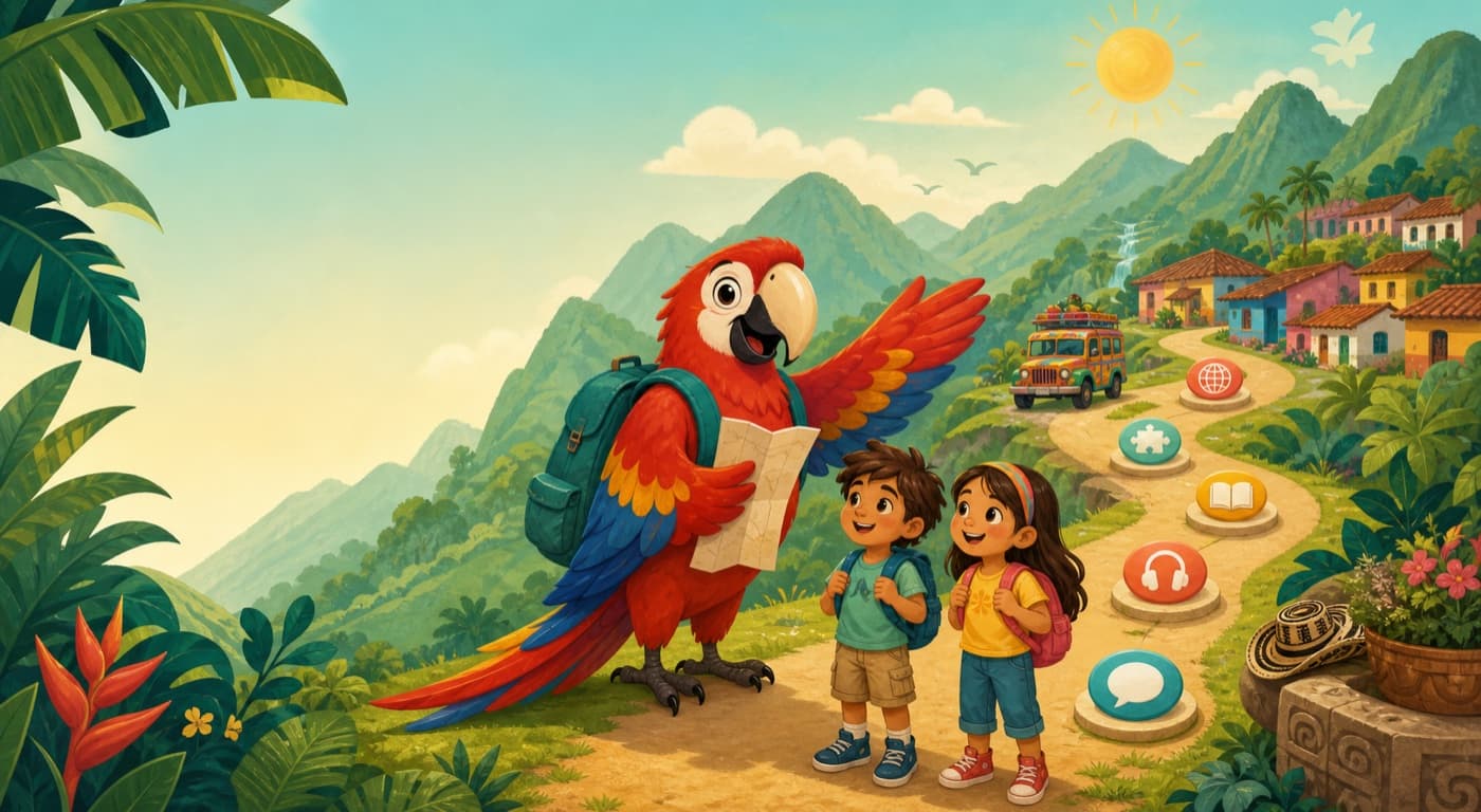 Una guacamaya guía a dos niños por un camino de aprendizaje hacia Colombia